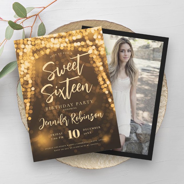 Elegant Gold String Lights Photo Sweet 16   Invitation (Elegant Gold String Lights Photo Sweet 16 Invitation)