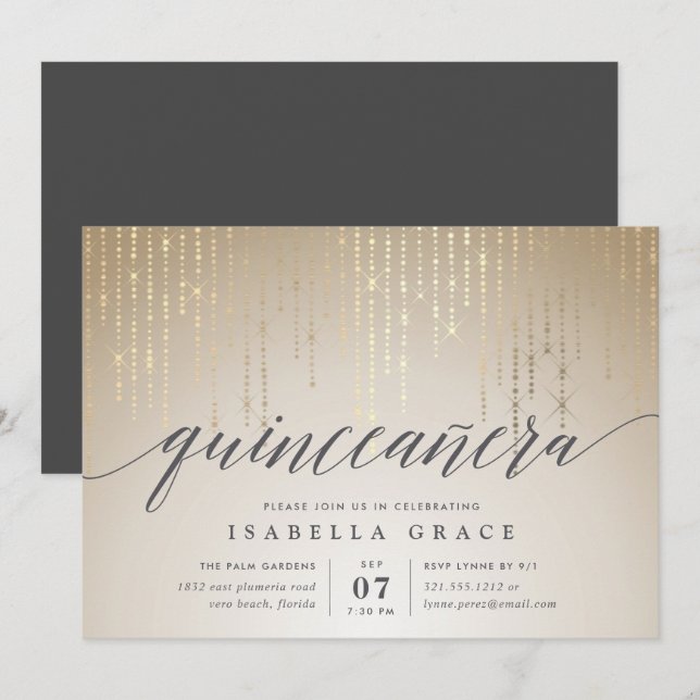 Elegant Gold String Lights Quinceanera Invitation (Front/Back)
