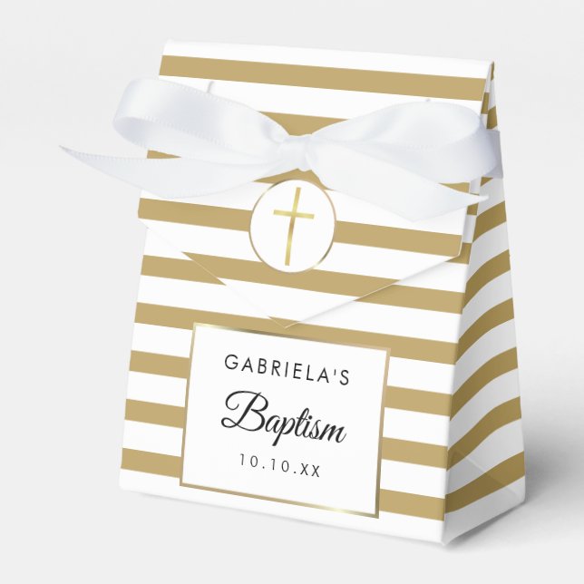 Elegant Gold Stripe Baptism Christening Favor Box (Front Side)