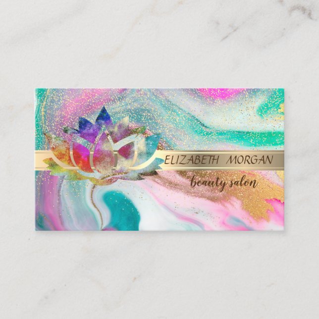 Elegant Gold Stripe Confetti,Colourful Lotus,Marbl Business Card (Front)