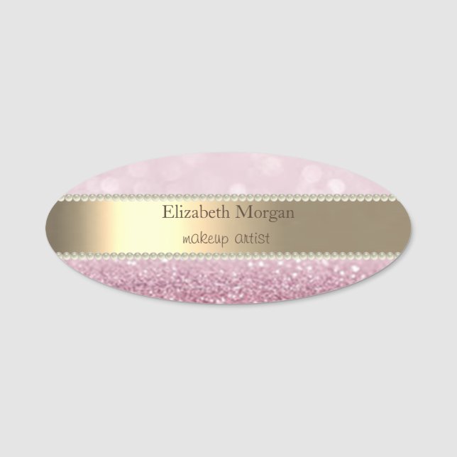 Elegant Gold Stripe, Glitter Bokeh, Pearls Name Tag (Front)