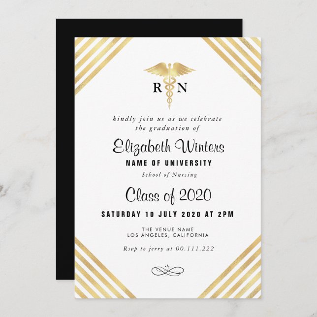 Elegant gold stripe nursing graduation party invitation (Front/Back)
