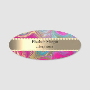 Elegant Gold Stripe, Pearls Colourful Marble Name Tag