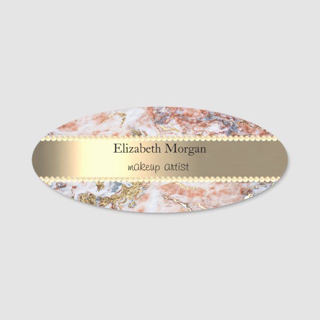 Elegant Gold Stripe, Pearls,Ombre Marble Name Tag (Front)