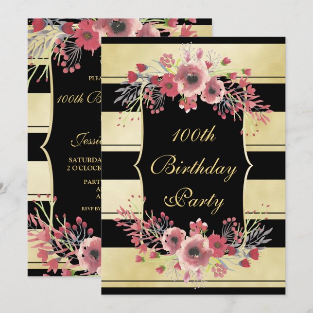 Elegant Gold Stripes Floral Watercolor 100th Invitation (Front/Back)
