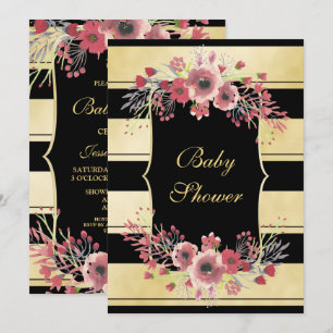 Elegant Gold Stripes Floral Watercolor Baby Shower Invitation