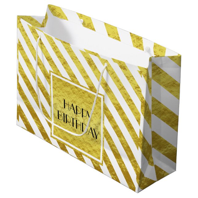 Elegant Gold Stripes Happy Birthday Large Gift Bag (Front Angled)