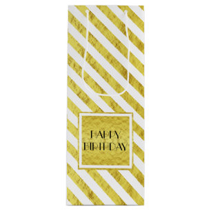 Elegant Gold Stripes Happy Birthday Wine Gift Bag