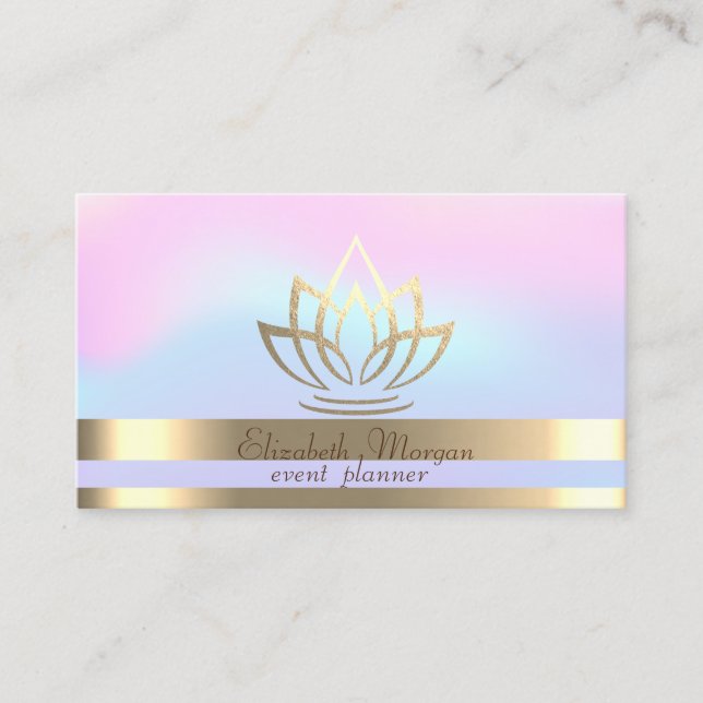 Elegant Gold Stripes Holographic Gold Lotus Business Card (Front)