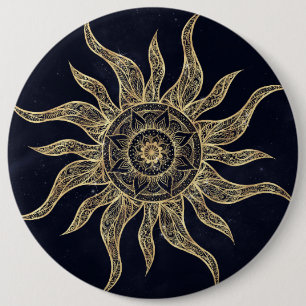 Elegant Gold Sun Mandala Blue Nebula Design 6 Inch Round Button