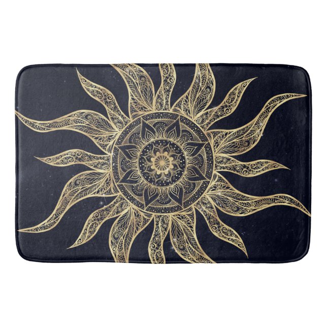 Elegant Gold Sun Mandala Blue Nebula Design Bath Mat (Front)