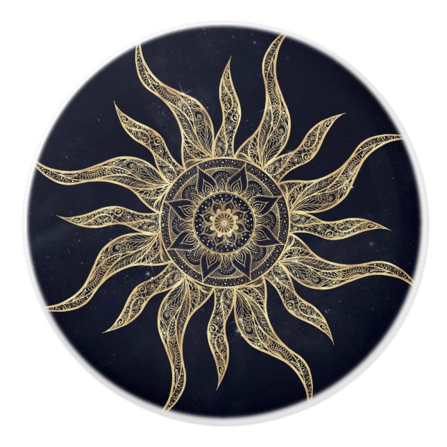 Elegant Gold Sun Mandala Blue Nebula Design Ceramic Knob (Front)