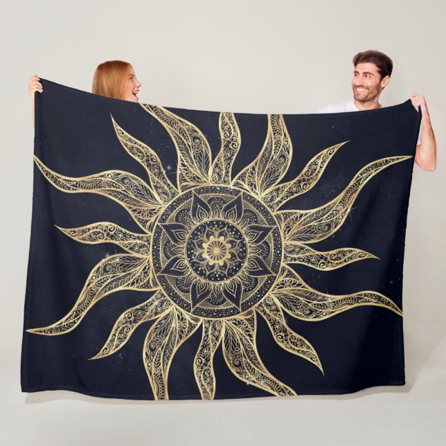 Elegant Gold Sun Mandala Blue Nebula Design Fleece Blanket (In Situ)