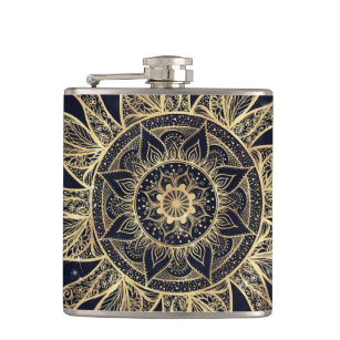 Elegant Gold Sun Mandala Blue Nebula Design Hip Flask