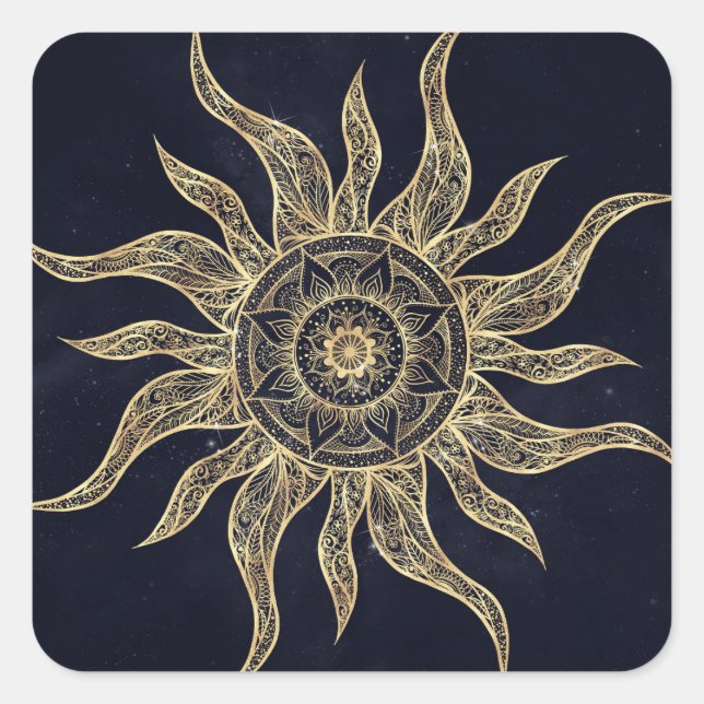 Elegant Gold Sun Mandala Blue Nebula Design Square Sticker (Front)