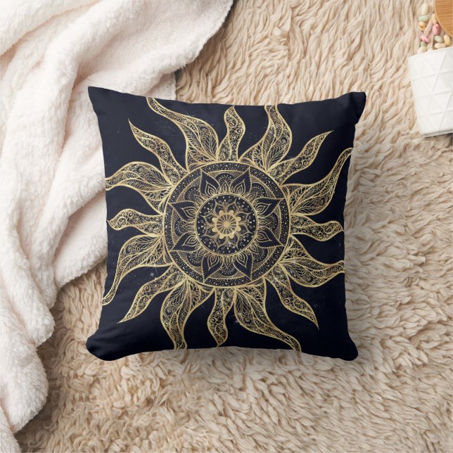 Elegant Gold Sun Mandala Blue Nebula Design Throw Pillow (Blanket)