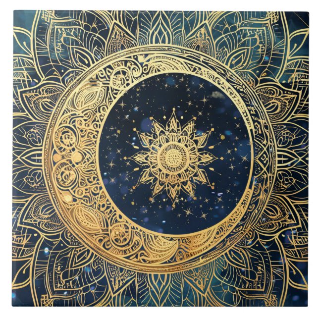 Elegant Gold Sun Mandala Celestial Aesthetic Decor Tile (Front)