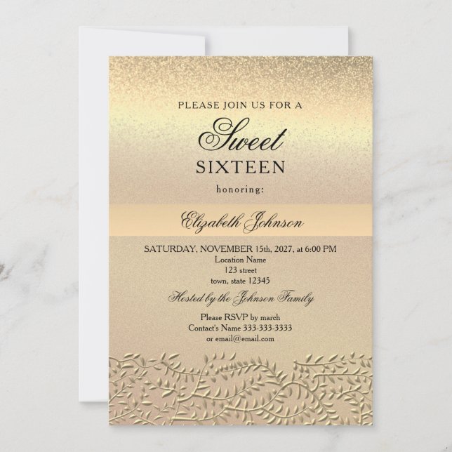 Elégant Gold Sweet 16 Anniversaire Invitation (Devant)