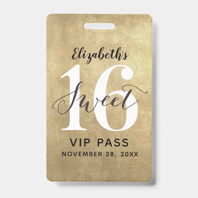 Elegant Gold Sweet 16 Birthday VIP Badge (Front)
