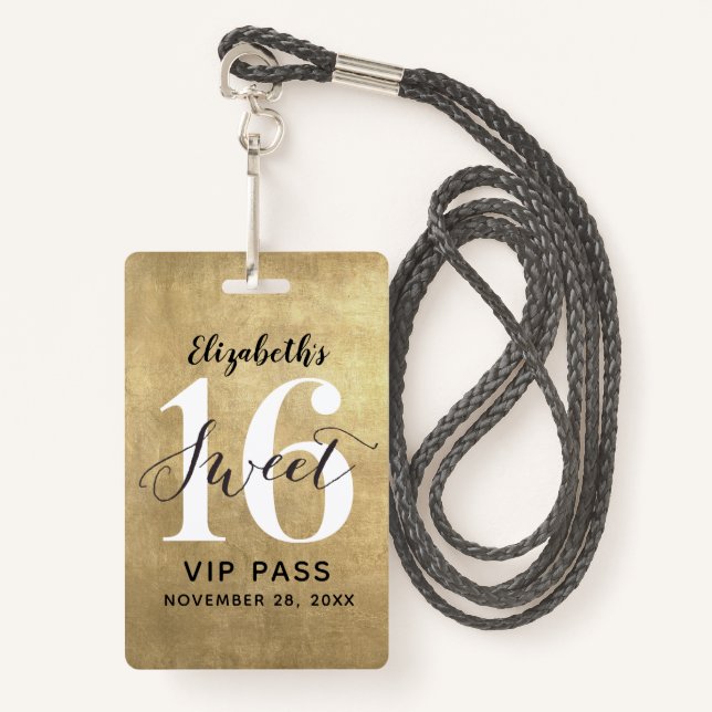 Elegant Gold Sweet 16 Birthday VIP Badge (Front with Lanyard)