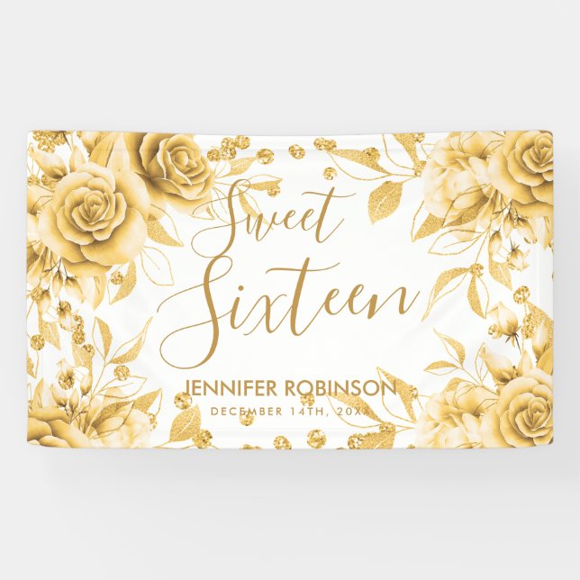 Elegant Gold Sweet 16 Glitter Confetti Floral Banner (Horizontal)