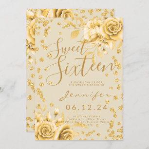 Elegant Gold Sweet 16 Glitter Confetti Floral Invitation