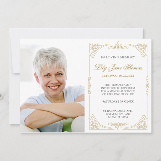 Elegant Gold Swirl Funeral Invitation | Edit Colou (Front)