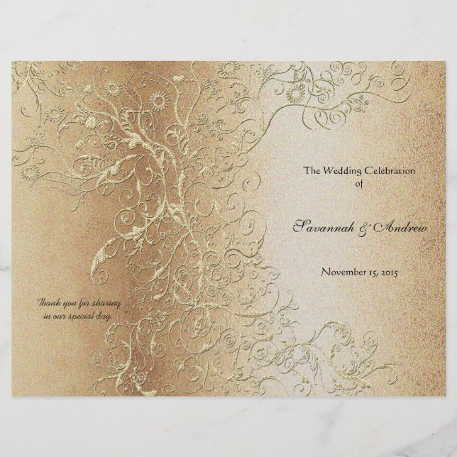 Elegant Gold Swirl with Black Font Wedding Program (Front)