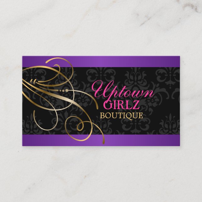 Elegant Gold Swirls and Black Damask Business Card (Front)