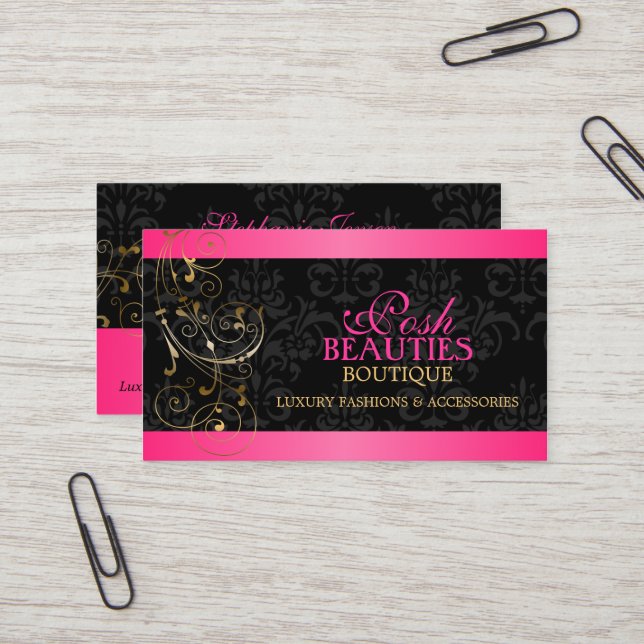 Elegant Gold Swirls and Damask Business Card (Front/Back In Situ)
