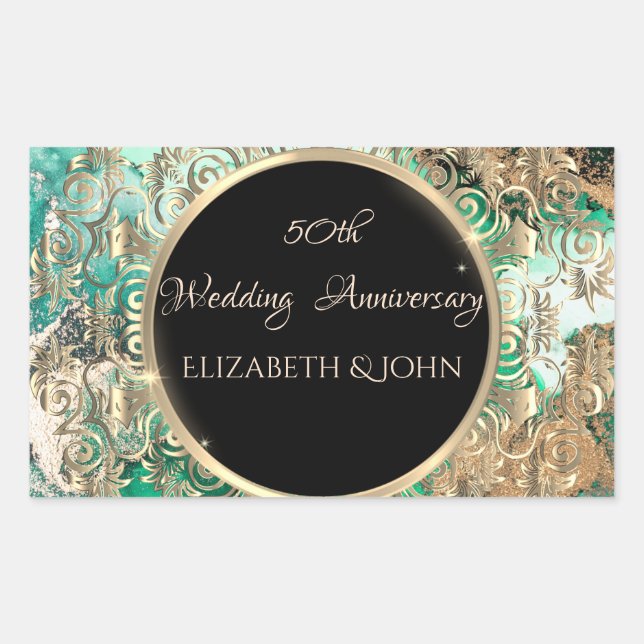 Elegant Gold Swirls Anniversary Green Marble Sticker (Front)