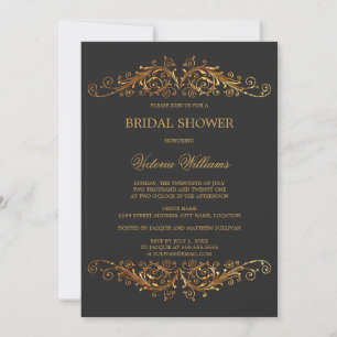 Elegant Gold Swirls Dark Grey Invitation