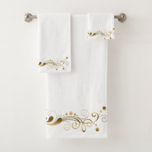 Elegant Gold Swirls Floral Stripe Bath Towel Set