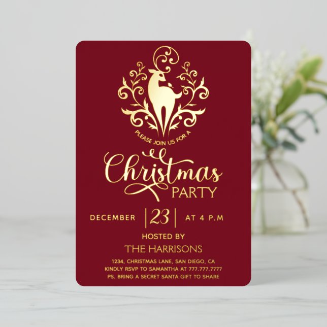 Elegant Gold Swirly Deer Modern Burgundy Christmas (Standing Front)