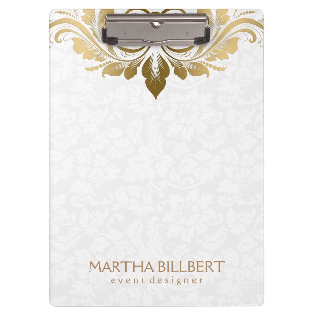 Elegant Gold Swirly Lace On Plush White Damasks Clipboard (Front)