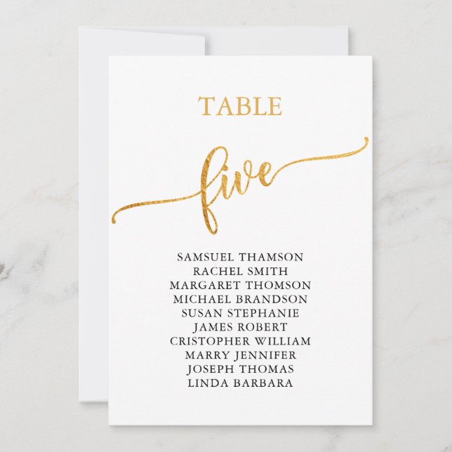 Elegant Gold Table Number 5 Seating Chart (Front)