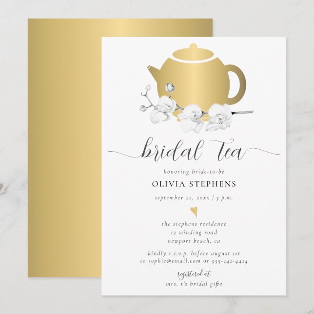 Elegant Gold Tea Pot Orchid Floral Chic Bridal Tea Invitation (Front/Back)