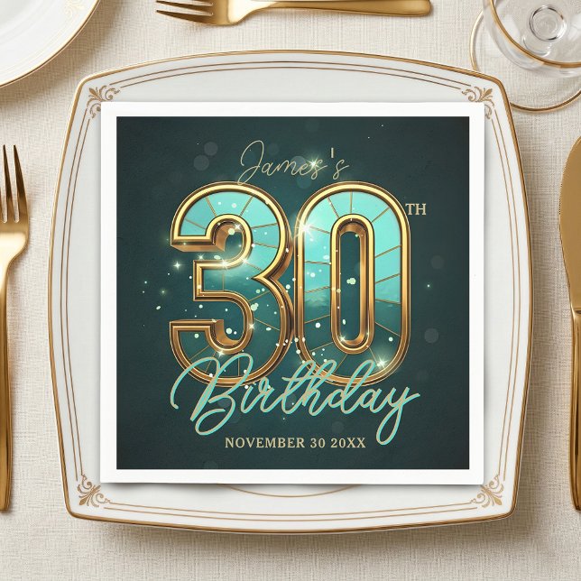 Elegant Gold Teal 3D Typography 30th Birthday Napkin (Creator Uploaded)