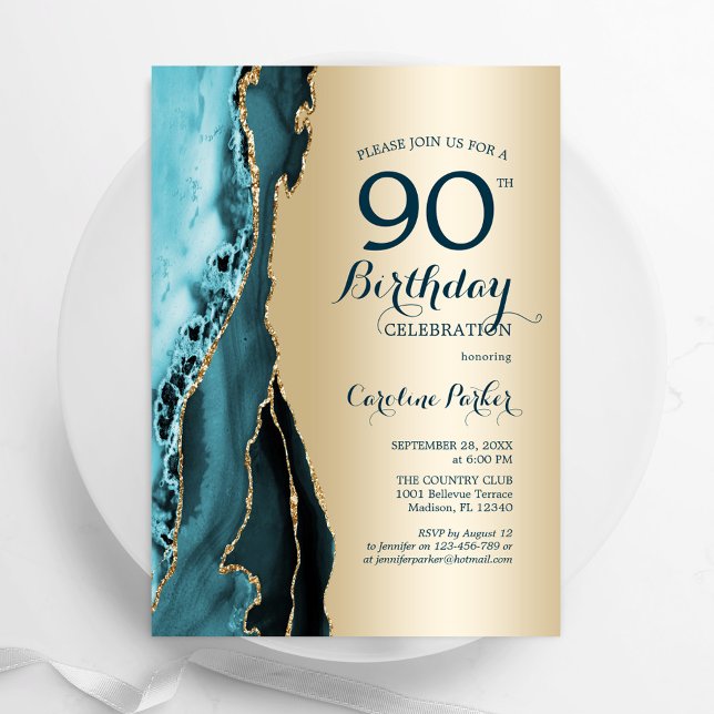 Elegant Gold Teal Agate 90th Birthday Invitation (Creator Uploaded)