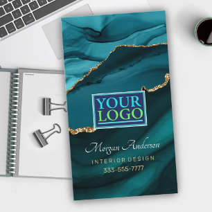 Elegant Gold & Teal Agate, QR Code Logo Pro  Business Card