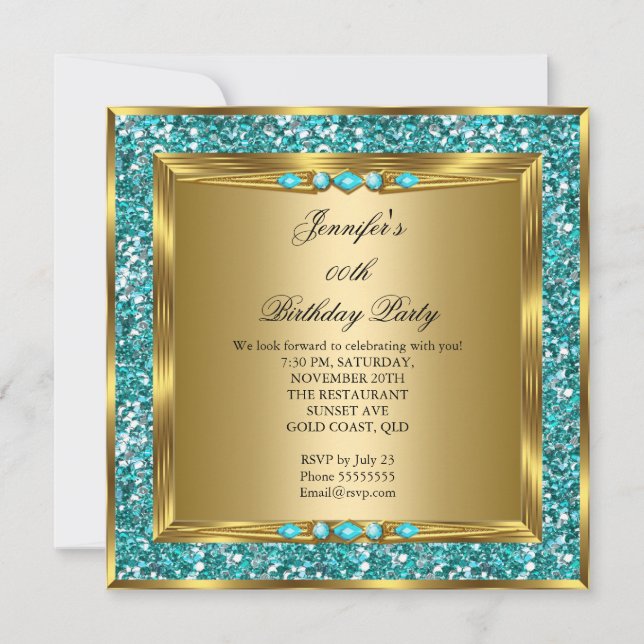 Elegant Gold Teal Blue Faux Glitter Birthday Party Invitation (Front)