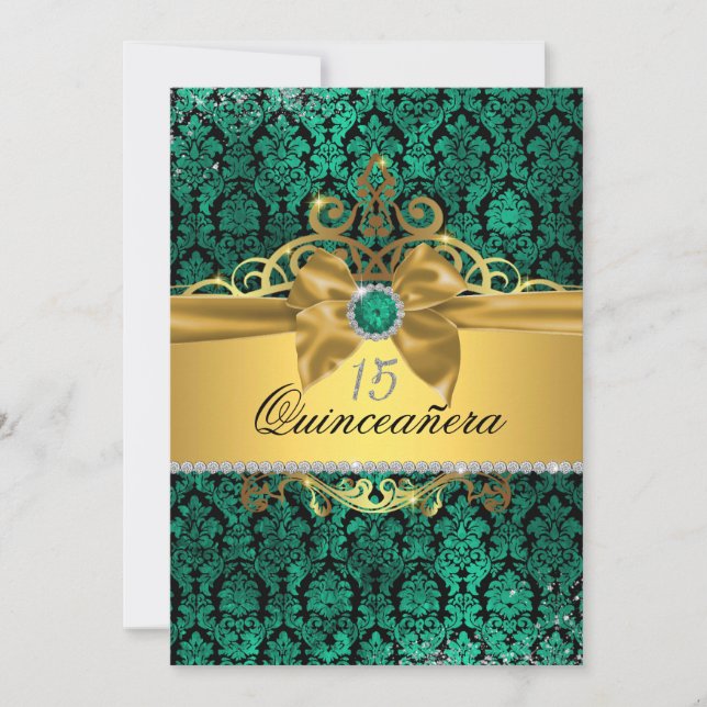 Elegant Gold Teal Damask Quinceanera Invite (Front)