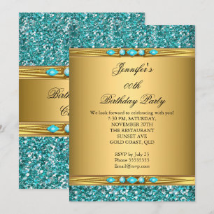 Elegant Gold Teal Glitter Diamond Birthday Party Invitation