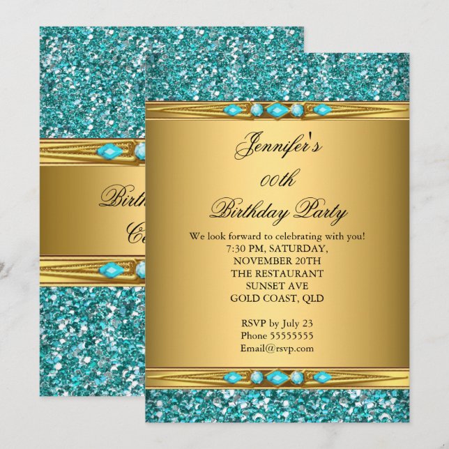 Elegant Gold Teal Glitter Diamond Birthday Party Invitation (Front/Back)