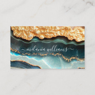 Elegant Gold Teal Marble Agate Geode QR Code  Business Card