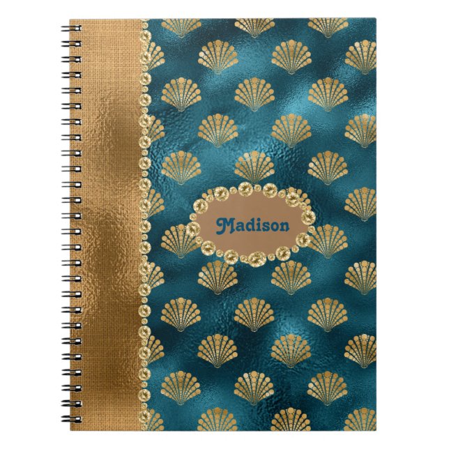 Elegant Gold Teal Metallic Shells Personalize Name Notebook (Front)