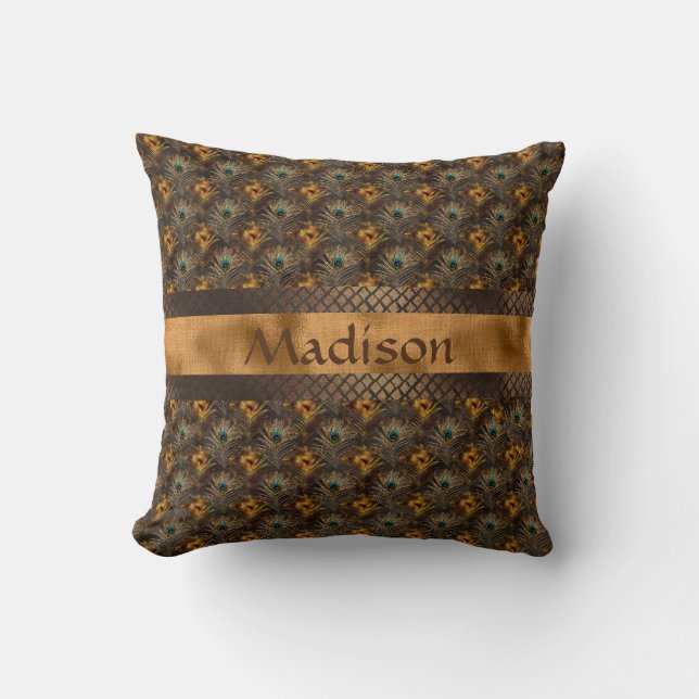 Elegant Gold Teal Peacock Personalized Name Throw Pillow (Front)
