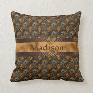 Elegant Gold Teal Peacock Personalized Name Throw Pillow
