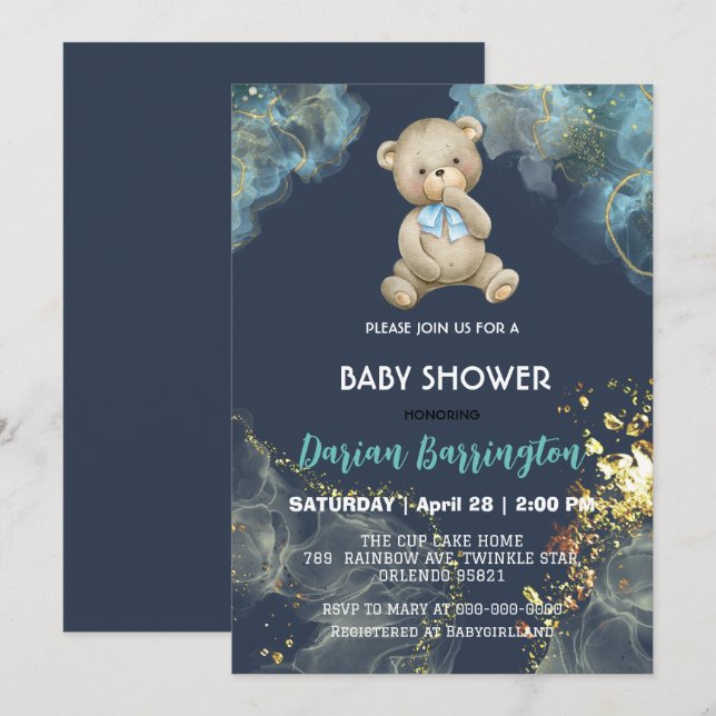 Elegant Gold teddy Bear watercolor baby boy shower Invitation (Front/Back)