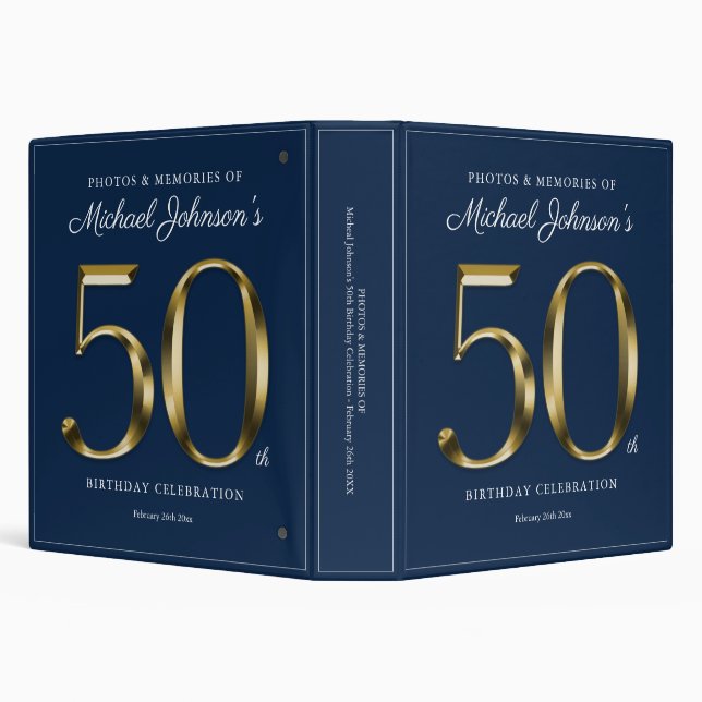 Elegant Gold Text 50th Birthday Navy Blue Custom  Binder (Background)